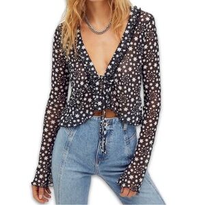 Free People Marne Mesh Sheer Black & White Star Print Cropped Wrap Top Sz M NWT